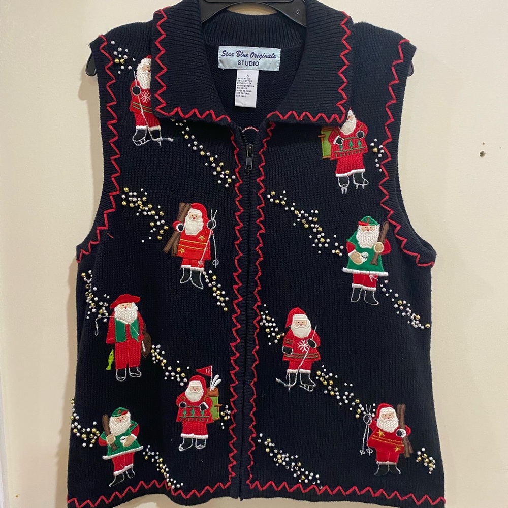 Star Blue Original Studio… Black Christmas Vest Adorned w Sporty Santas